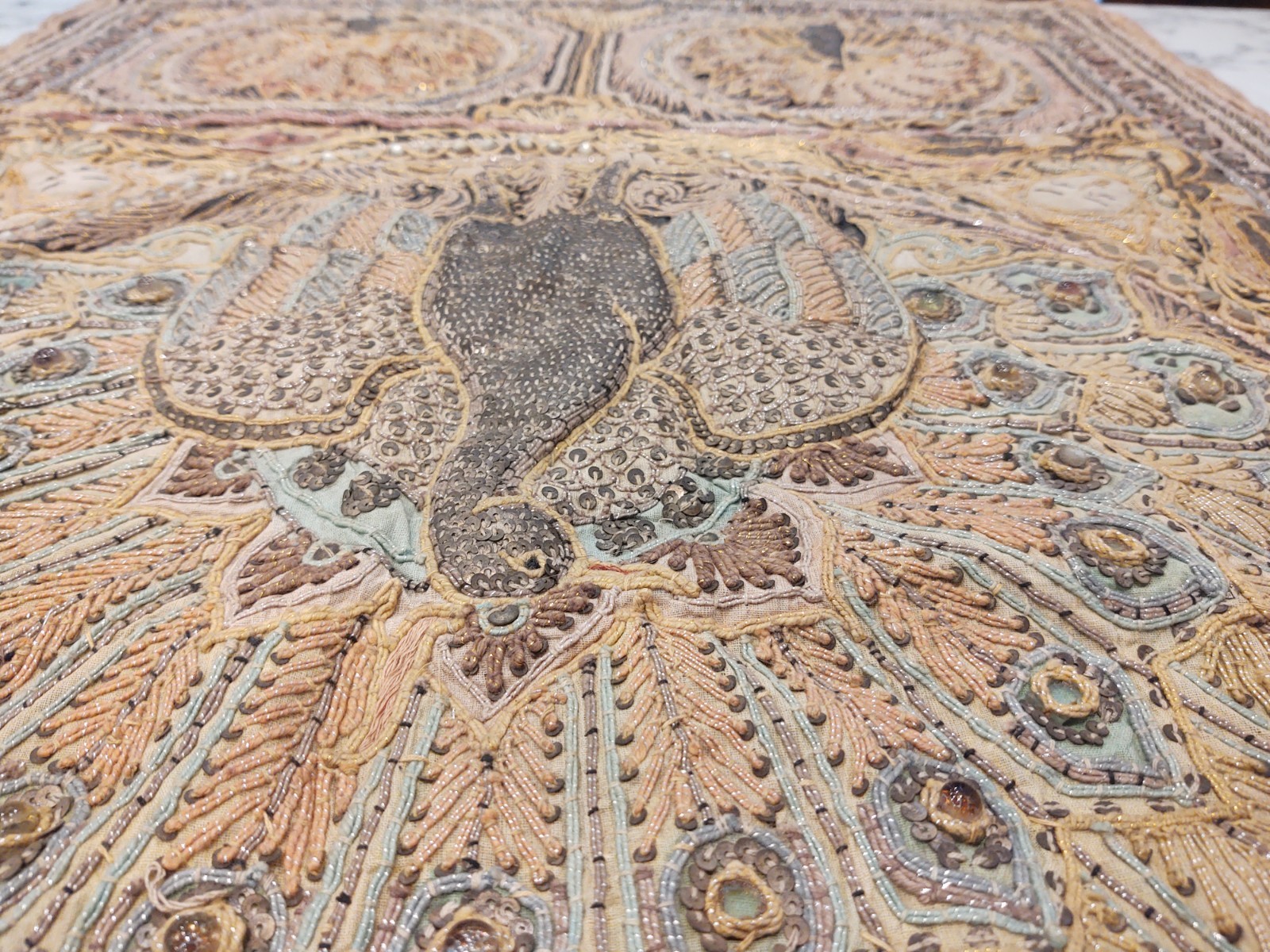 Sequin PEACOCKS Burmese KALAGA Hand-Embroidery Tapestry Wall Hanging 35 x 26 In