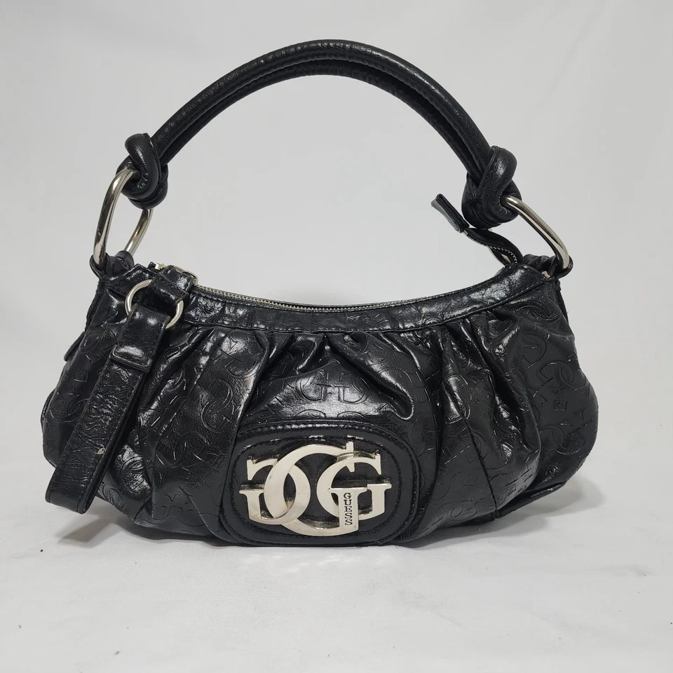 Guess Y2K Black Vegan Leather GGG Logo Embossed Mini Shoulder Hobo Bag Purse VTG - Image 2 of 4