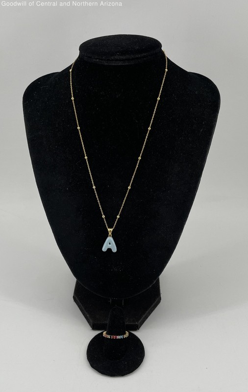925 Yellow Gold Plated Ruby CZ Jewelry w/Chain Necklace, Ring 4.82g