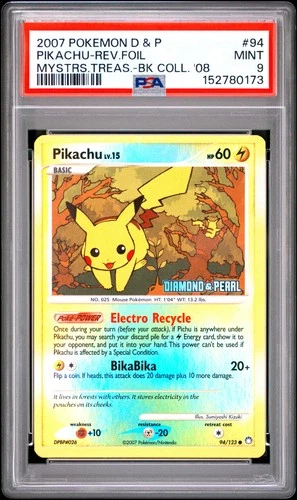2007 POKEMON DIAMOND & PEARL MYSTERIOUS TREASURES #94 PIKACHU-REVERSE FOIL PSA 9