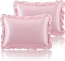 Ruffled Queen Satin Pillowcase Set of 2, Blush Pink Silky Satin Pillow Cases for