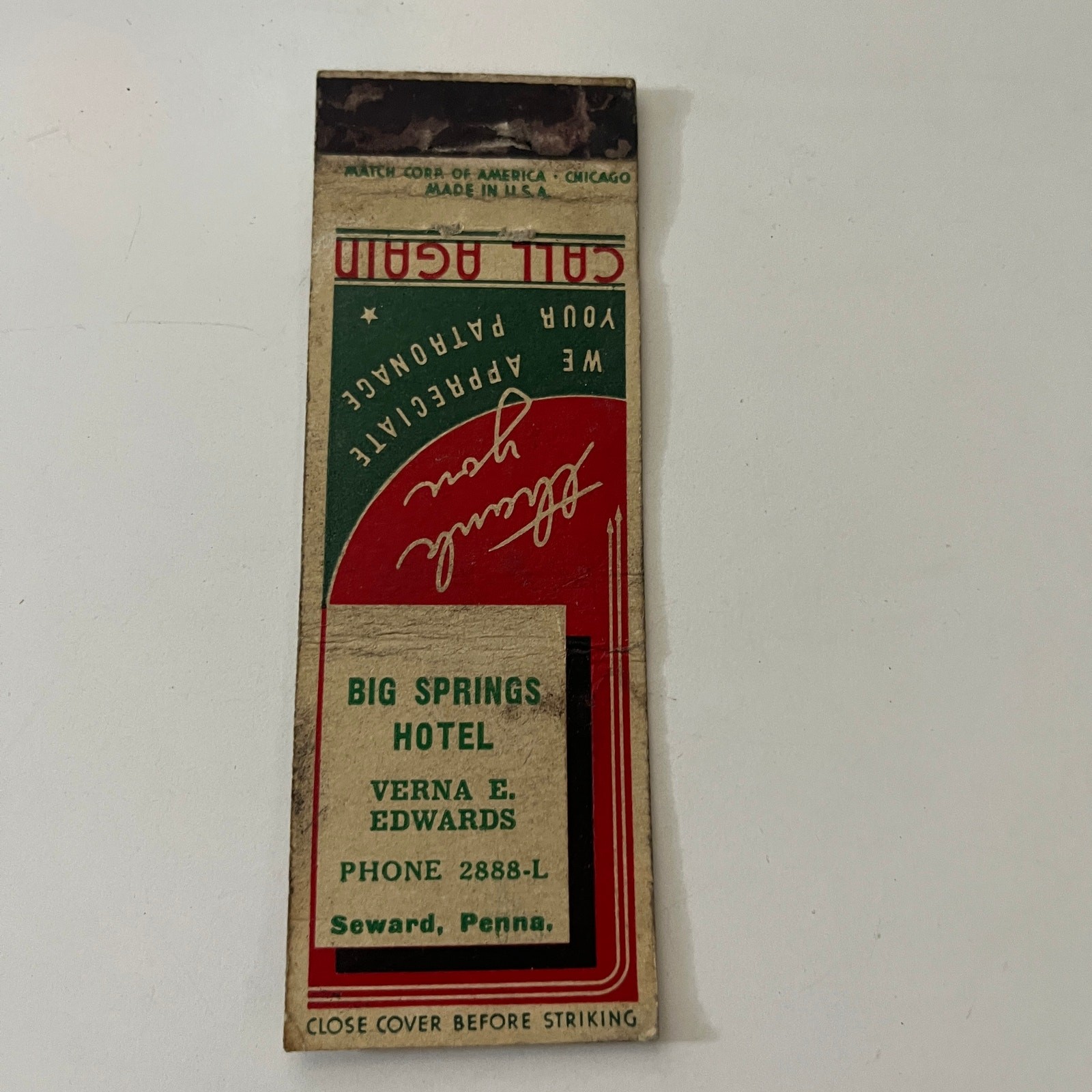 Big Springs Hotel Verna Edwards Seward PA Vintage Matchbook Cover SMB25-6