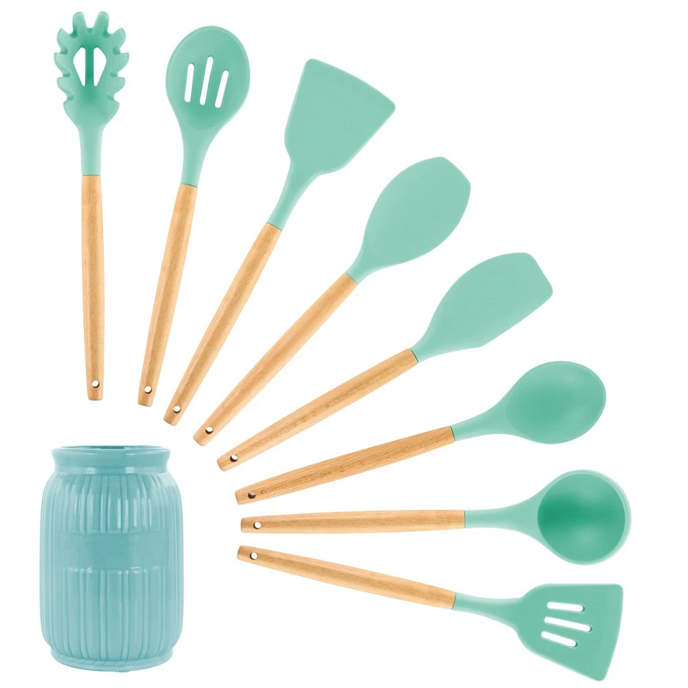 Megachef Mgsp-455 Mint Green Silicone And Wood Cooking Utensils Set Of 9