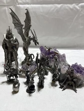 Vintage Pewter Medieval Fantasy Figurine Lot Of 11 Dragons, Wizards, & Knights
