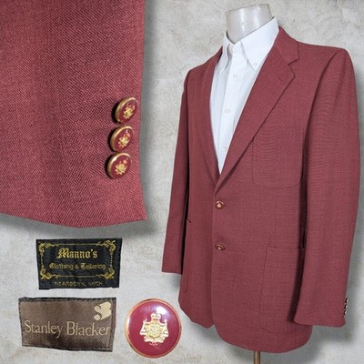 Stanley Blacker Mannos Sport Coat Blazer Mens 40R Red Linen Gold Buttons