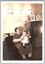 Vtg B&W Snapshot Grandmother Holding Cute Baby On Lap Living Room Polka Dot