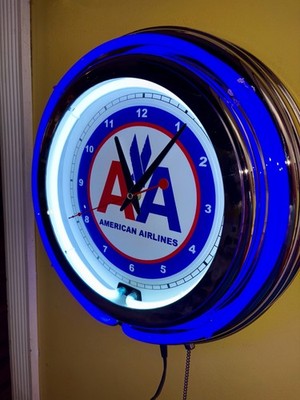 American Airlines Airport Stewardess Airplane Pilot Neon Adverting Clock Sign