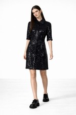 SILK SEQUIN SHIRT DRESS black lbd vintage 90s small 4 short sleeve retro glam