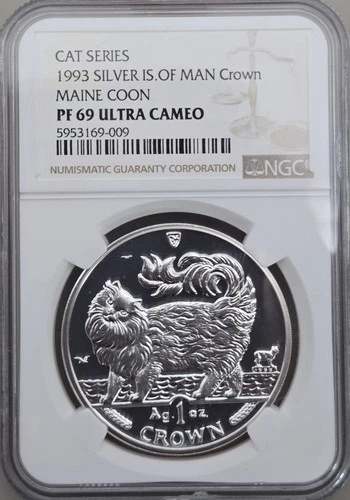 1993 Isle Of Man Maine Coon Cat Series 1 Oz Silver Crown NGC PF 69 Ultra Cameo
