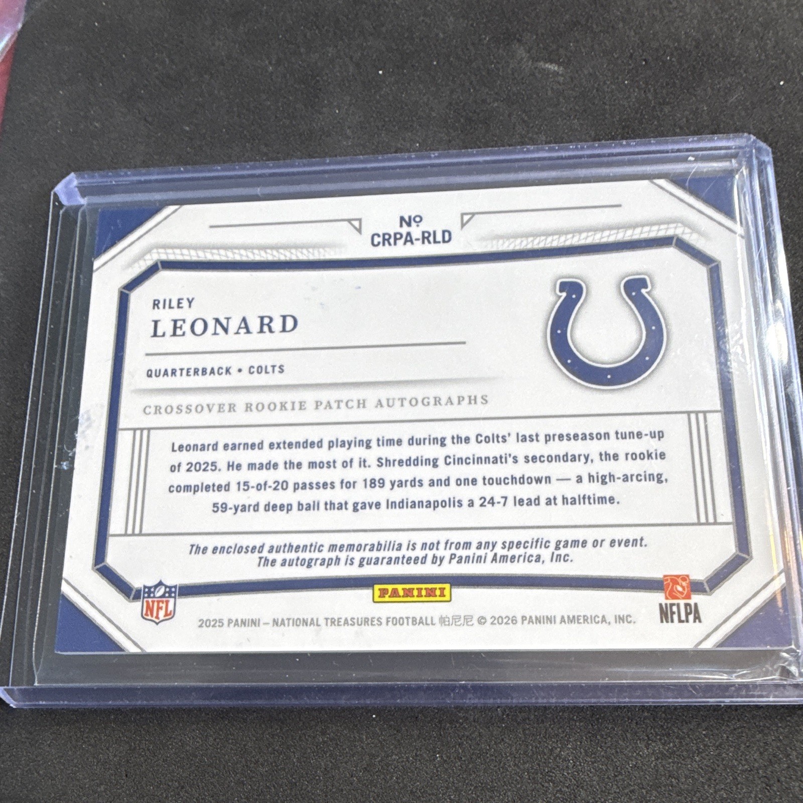 Panini 2025 National Treasures Crossover RPA Auto Riley Leonard CRPA-RLD /99 view 2