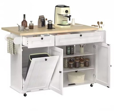 60'' Large Kitchen Island Table on Wheels with Drop Leaf & Power Outlet, Mobil...