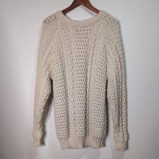 VTG Cable Knit Sweater 100 Wool Cream Irish Fisherman Aran Chunky Tunic Luxury