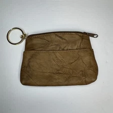 Brown Leather Zipper Coin Purse Change Compact Lipstick Vintage