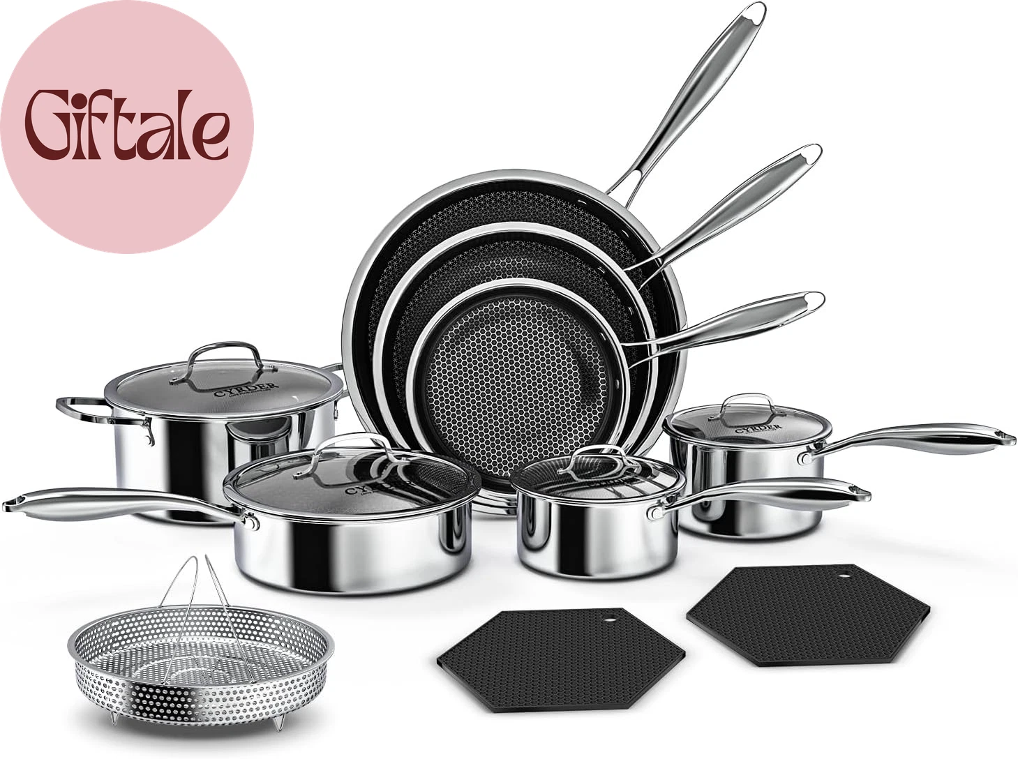 Nonstick Pots and Pans Set, 14 Piece Hybrid Hex Non Stick Stainless Steel Cookwa