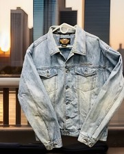 Harley Davidson &bull; Blue Denim Jean Jacket &bull; Leather Eagle Patch &bull; Men Sz L