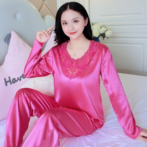 Nuevo conjunto de pijamas de satén para mujer manga larga cuello en V ropa de dormir ropa de salón pijamas - Imagen 13 de 13