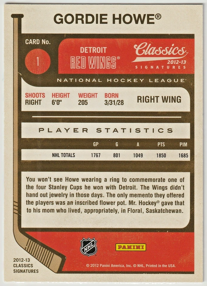 2012-13 Panini (Classic Signatures) Base Card # 1 Gordie Howe! - Image 2 of 2