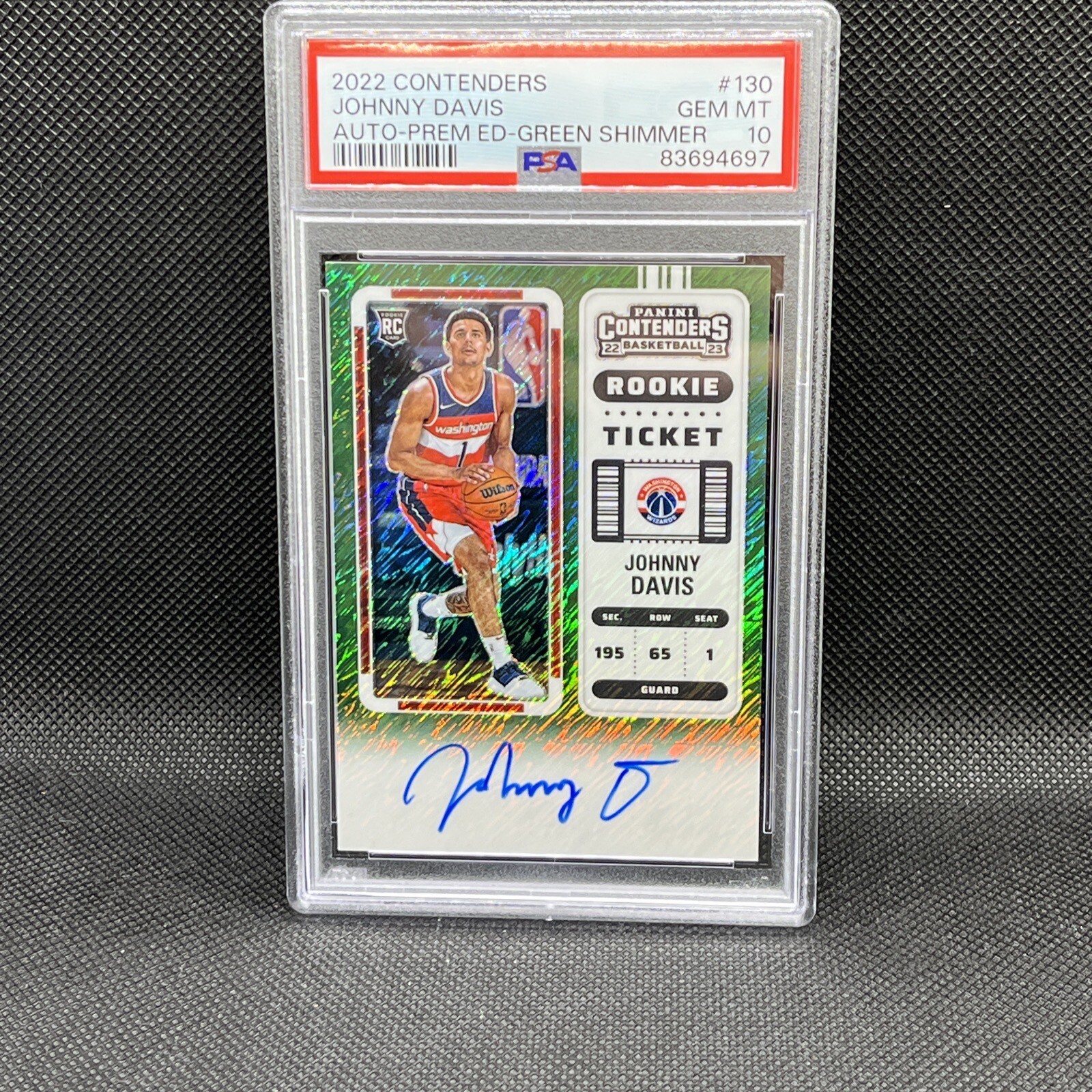 2022 Contenders #130 Johnny Davis RC Ticket Green Shimmer Auto RC Wizards Pop 2