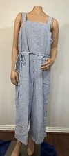 Beach Lunch Lounge Womens L TALIA Linen Blend Cropped Jumpsuit Blue Stripe NEW