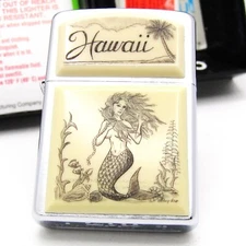 Linda Layden Ultralite Scrimshaw Hawaii Mermaid Zippo Oil Lighter 2008 MIB