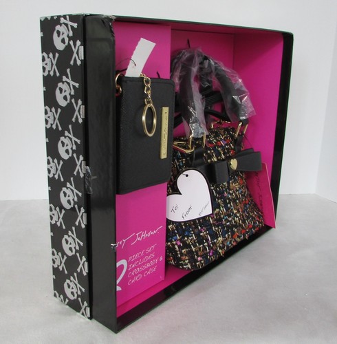 Bolso Bandolera Betsey Johnson Cartera y Estuche para Tarjetas Caja de Regalo Tweed Cartera Negro Nuevo con Etiquetas - Imagen 5 de 7
