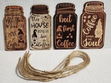 4pcs mini 4.5/8"x 2.1/4" each Gnome & Letter Graphic Wooden Wall Hanging coffee 
