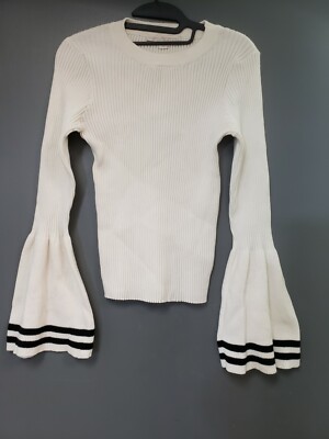 BOSTON PROPER~SAILOR RETRO~RIB KNIT TOP SWEATER~BELL SLEEVE~WHTE/BLACK STRIPE~S 