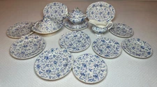 c1850 Childs Blue Roses & Vines 14-Pc Toy Dinner Set Staffordshire Miniature