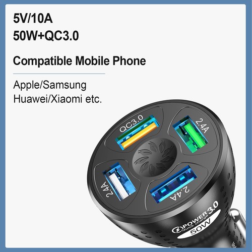 50W QC3.0 Car Charger 4 USB Port Fast Charging Cigarette Lighter Socket Adapter - Photo 6 sur 14