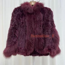 Women Real Rabbit Fur Weave Shawl Coat Real Fox Fur Trim Cloak Jacket Cape Wraps