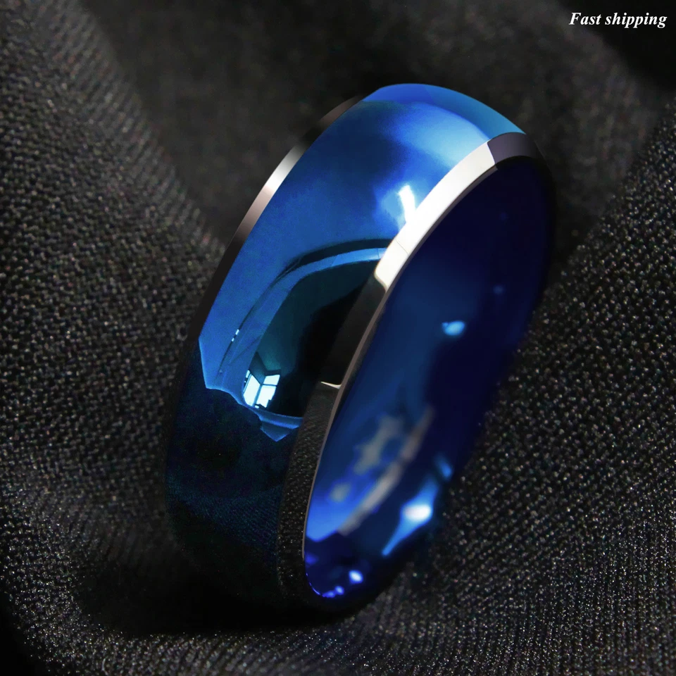 8mm Men's Tungsten Ring Blue Domed with Beveled Silver Edges Band ATOP Jewelry - Image 3 of 4