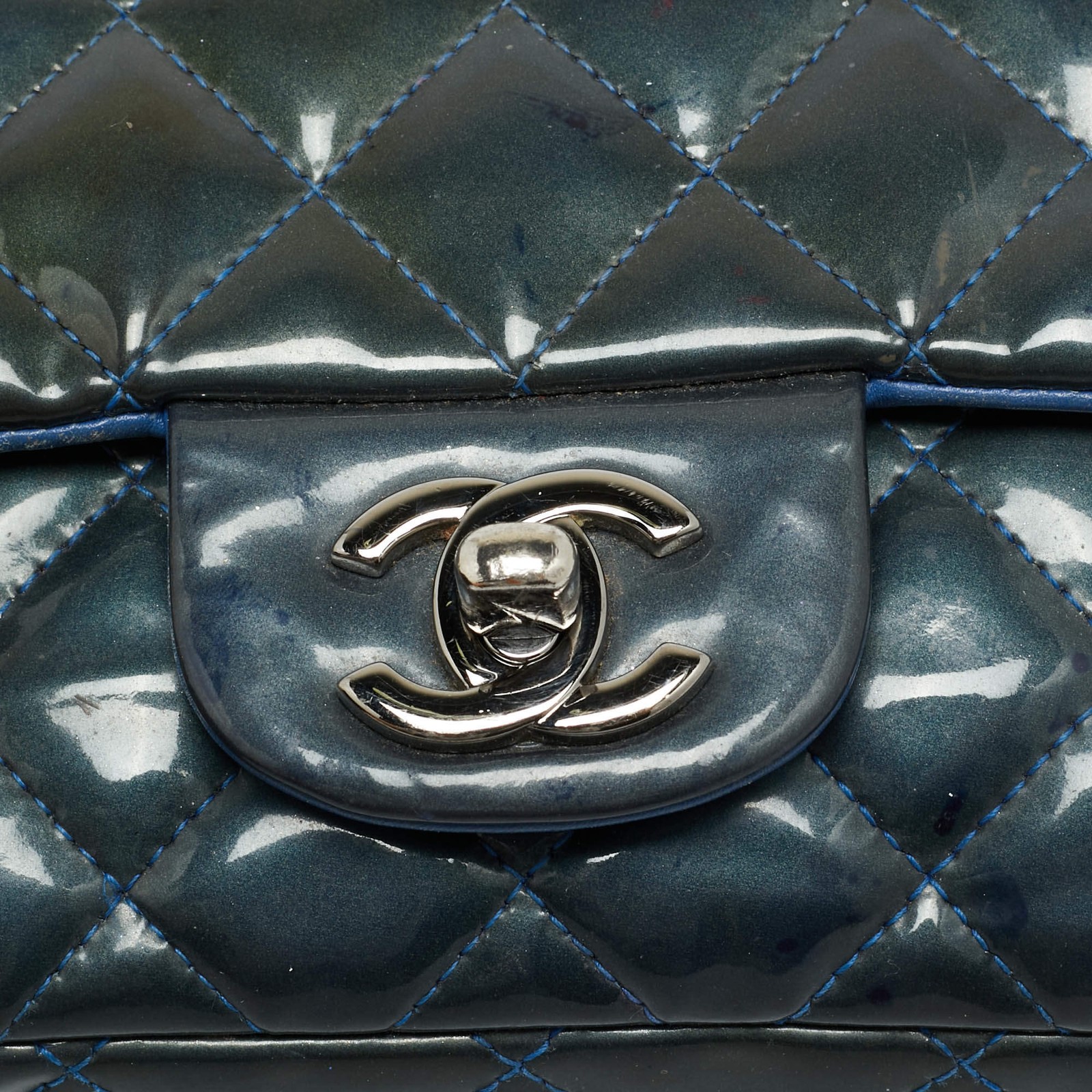 Chanel Square Classic Single Flap Mini Dark Teal Quilted Patent Leather Bag image 5