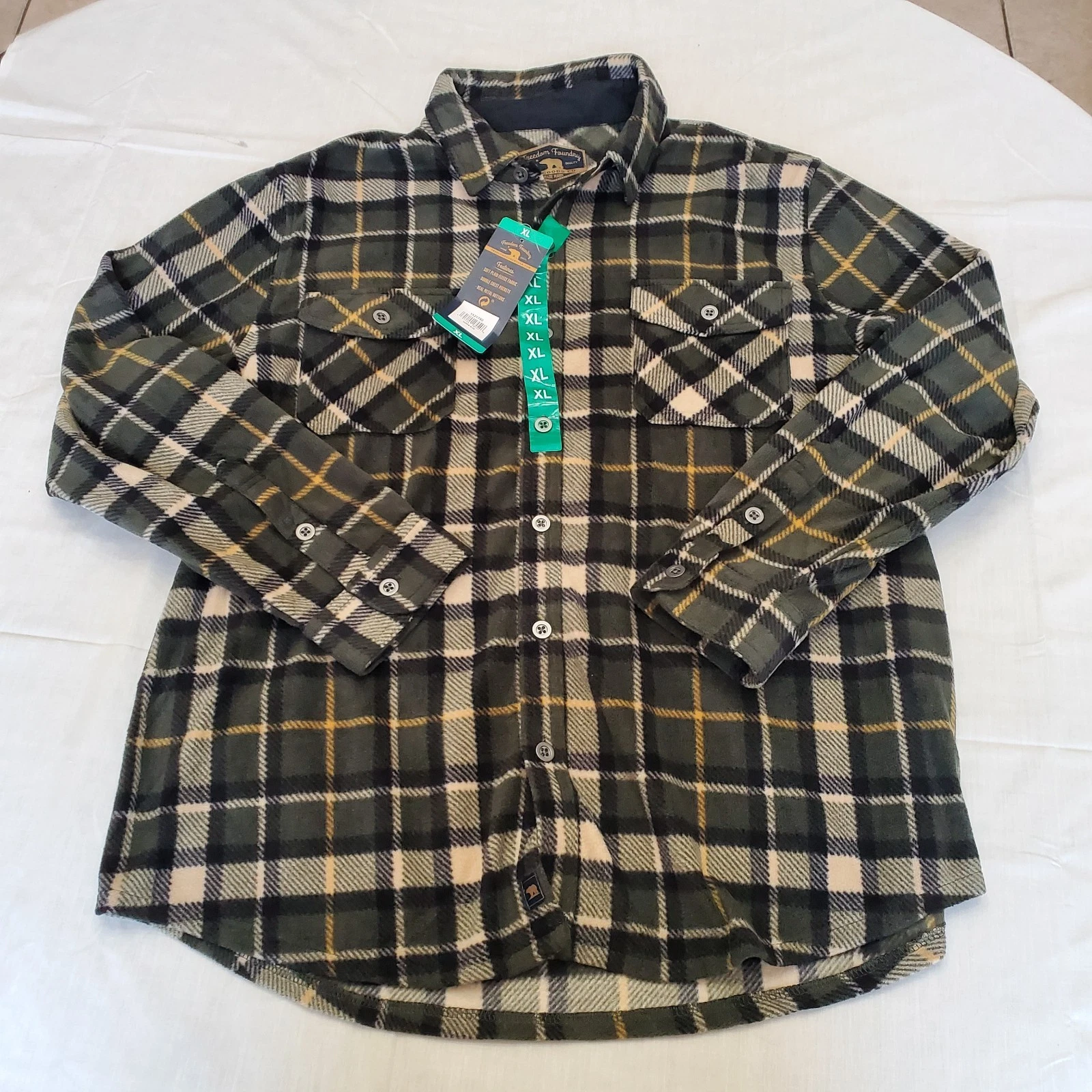 Freedom Foundry Plaid Flannel Shirt Long Sleeve Button Up Green Tan Mens XL