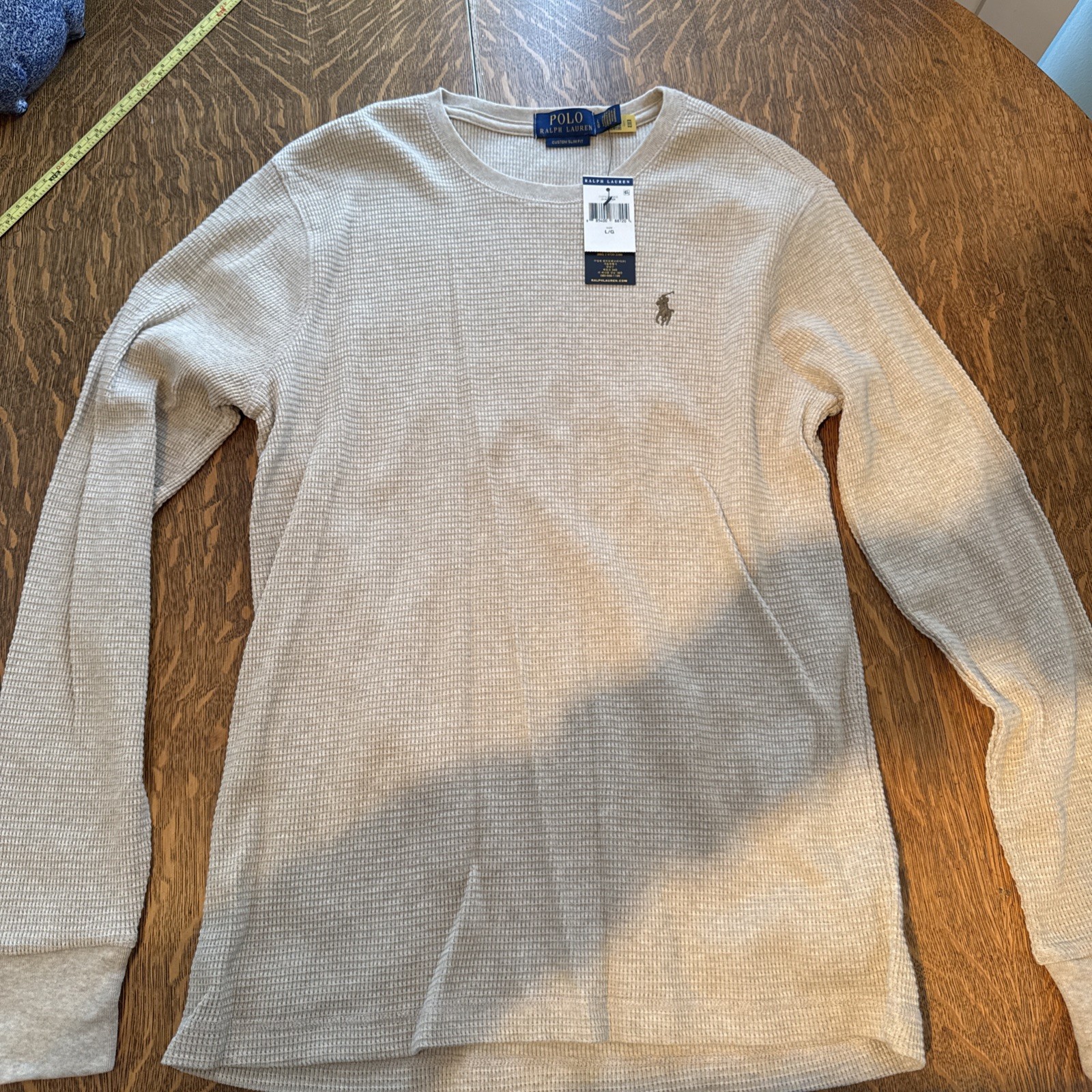 Polo Ralph Lauren Mens Thermal Shirt Large Slim Fit Tan Long Sleeve Waffle Knit