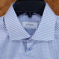 ETON Dress Shirt Mens 15.5 39 Blue White Houndstooth Slim Fit 280