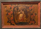 ANTIQUE FOLK ART PRIM OIL ON BOARD PORTRAIT WOMAN FARMER FLORAL GARLAND FRAMED — photo 3