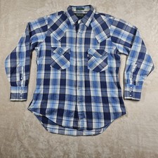 Vtg Levis Shirt Mens L Blue Plaid Sutter Creek Pearl Snap Long Sleeve Western...