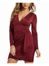 GUESS Womens Burgundy Long Sleeve V Neck Short Evening Wrap Dress S