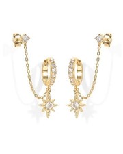14K Gold Chain Earrings for Women Double Piercing Dangle Yellow Gold Star