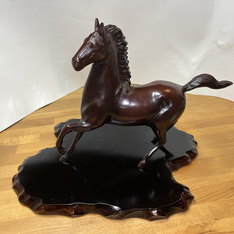 Vintage Japanese Brown Bronze Horse Statue & Lacquered Solid Wood Base