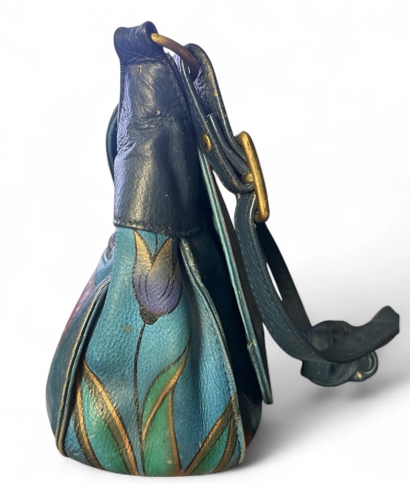Anuschka Hand Painted Blue Floral Leather Crossbody Bag India Genuine Blue - Image 4 of 4