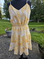 NEW Express Women's Yellow Tiered Eyelet Mini Dress size Medium Boho Belted