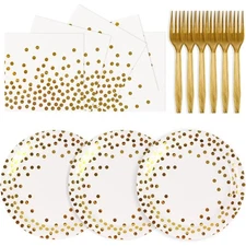 White and Gold Dot Disposable Party Dinnerware Set - 75 PCS Plates, Napkins,