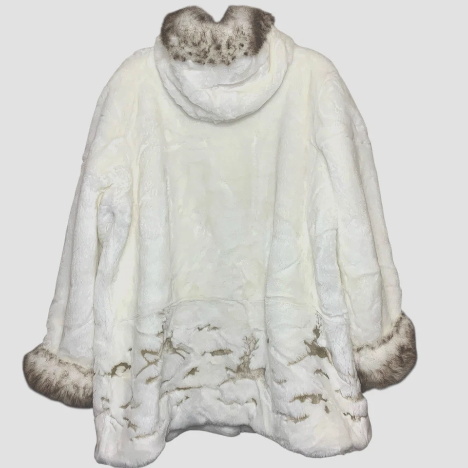 Vintage 90 White Faux Fur Teddy Coat Hooded Mid Length Reindeer Print Native 2XL - Image 2 of 4