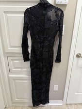 Fashion Nova Black Floral Embroidered Sheer Mesh Long Sleeve Maxi Dress Size S
