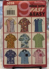 Butterick Sewing Pattern 5016 Men  s Sports Shirt size L-Xl. Shirt In 9 Styles
