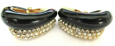 CINER Black Enamel Sparkling Ice Rhinestone Vintage Clip Earrings