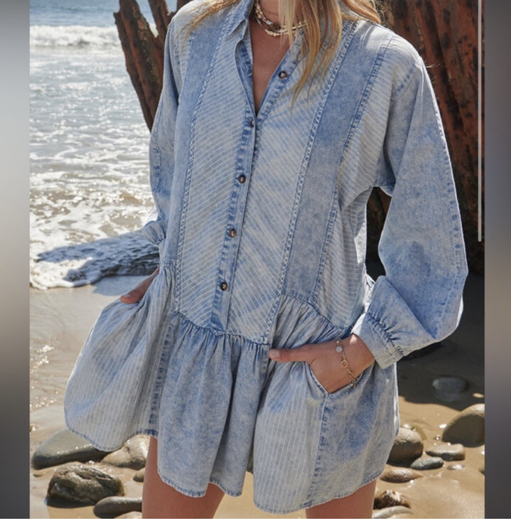 Promesa Blue Denim Babydoll Long Sleeve Mini Dress S