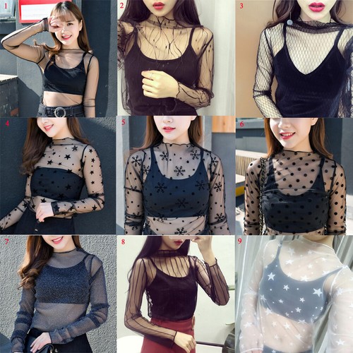 Mujeres Malla Pura Blusas de manga larga Camiseta Damas Sexy Tops Tee Party Ropa eBay