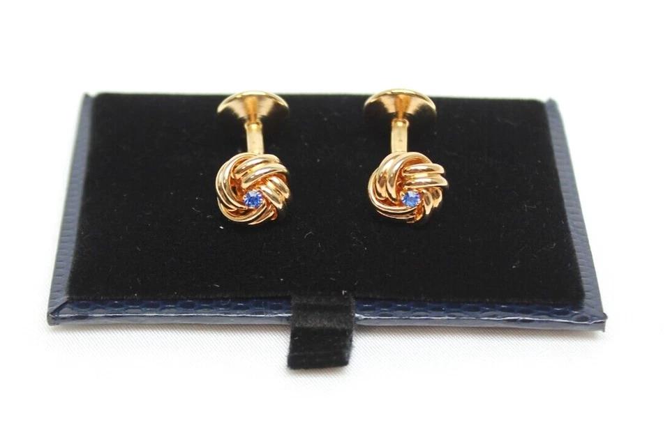 WEH Hayward Pair of 3/8" Brass & Faux Sapphire Knot Fixed Back Cufflinks 7/8"L - Image 2 of 4
